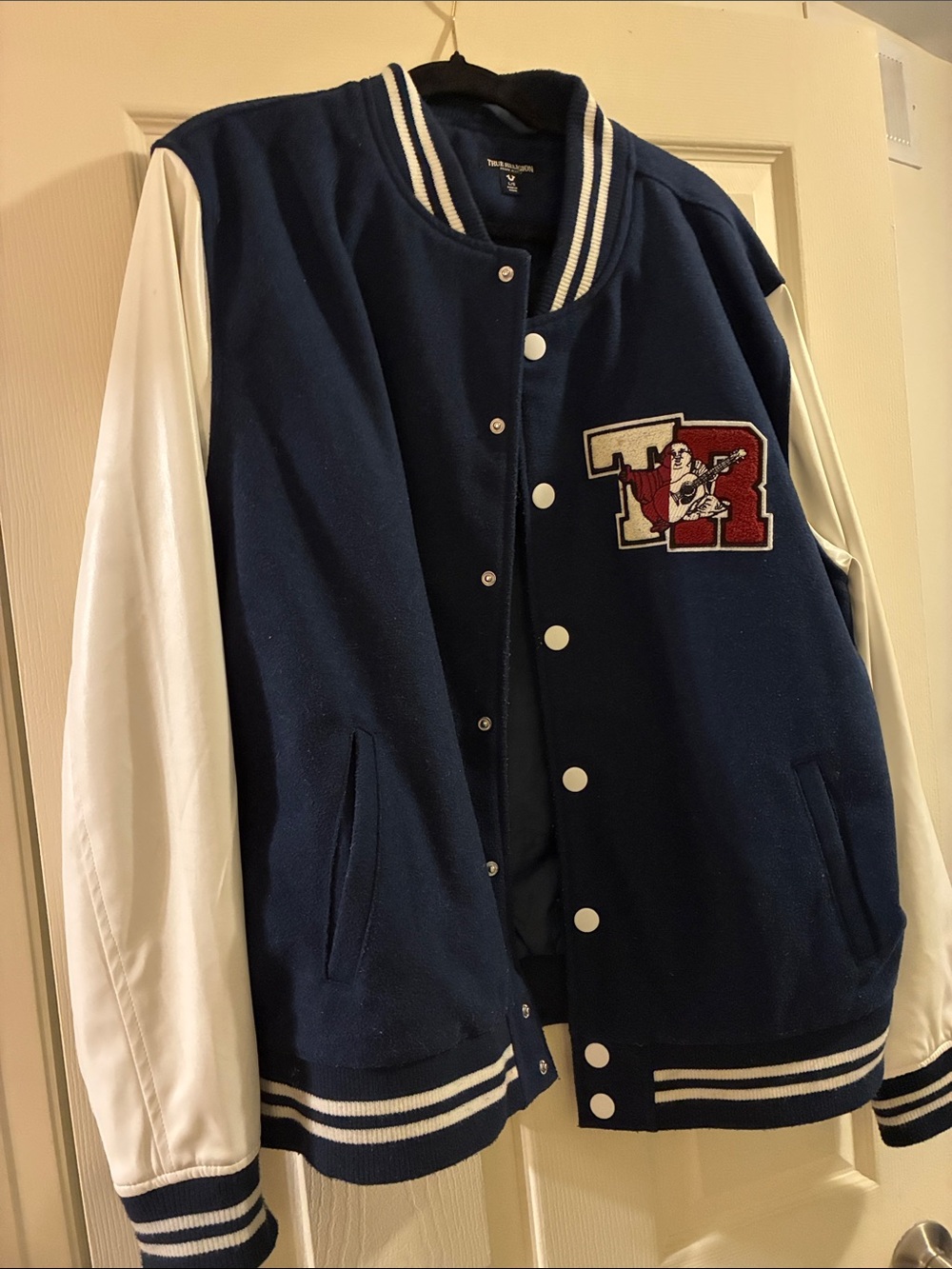 True Religion Navy and White Varsity Bomber Jacket